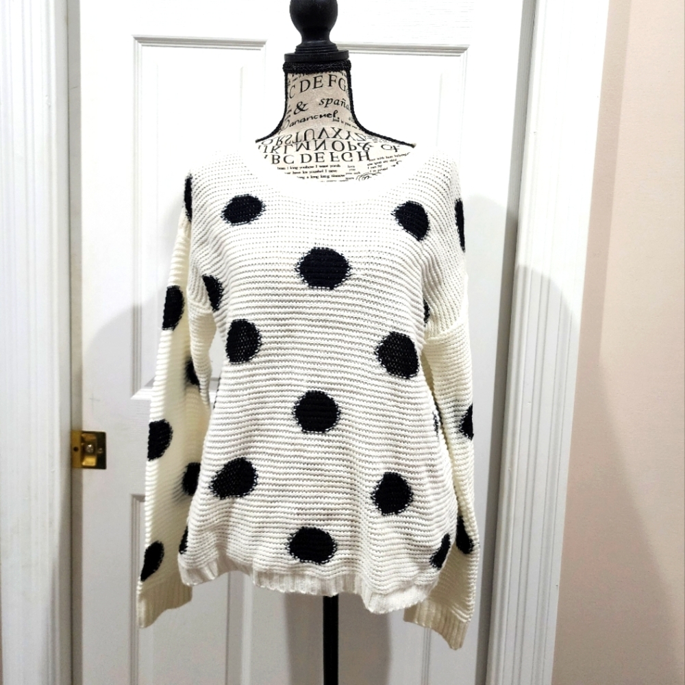 Studio Y White and Black Polka Dot Crew Neck Sweater